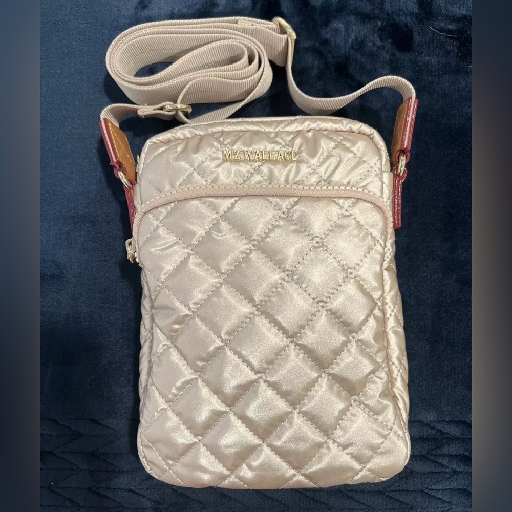 MZWallace Metro Beige Nylon Crossbody Diamond Quilted Leather Trim  Bag